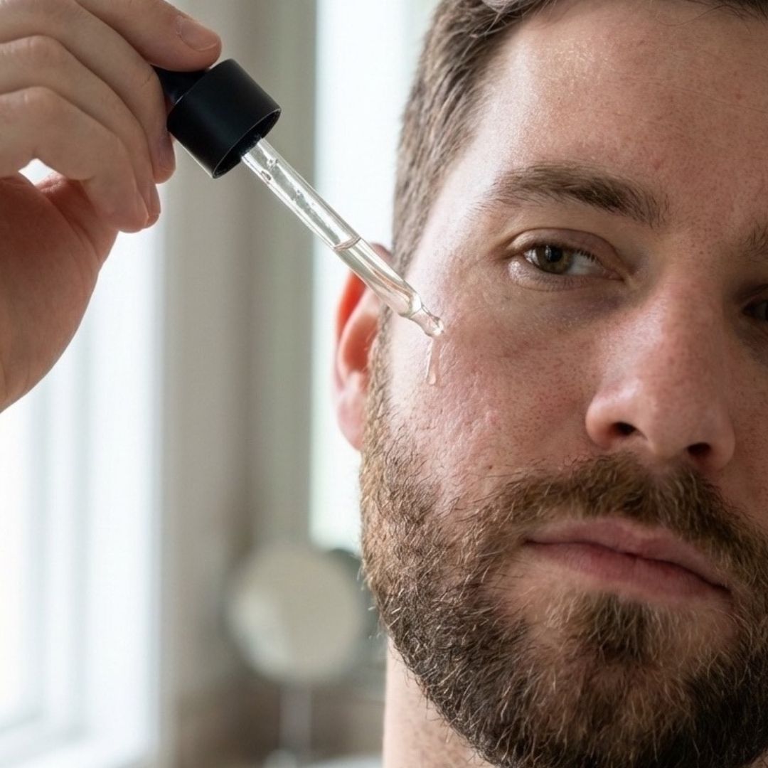 Man applying a dropper of liquid to his face, possibly for skincare.