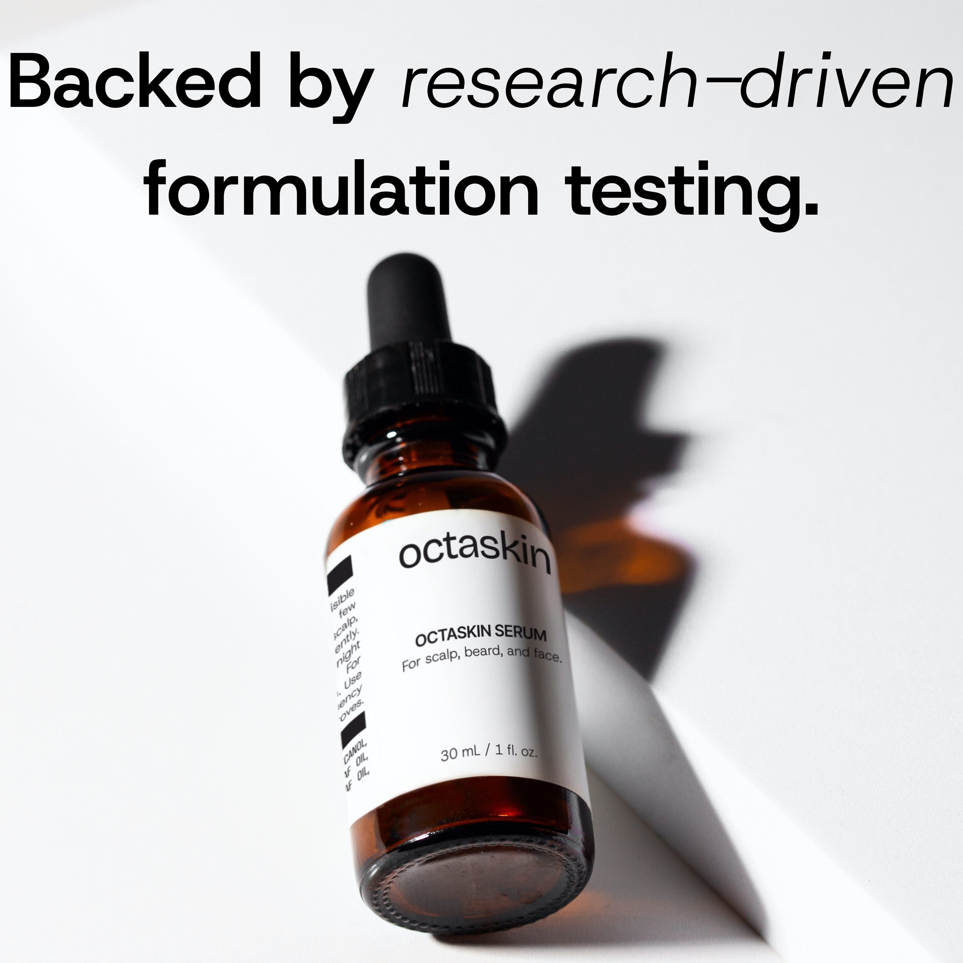 Octaskin serum bottle with text 'Backed by research-driven formulation testing.'